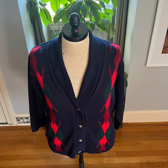 Pitlochry Wool Blend Cardigan Made in Scotland Navy Green Plaid Size Large - Picture 3 of 15